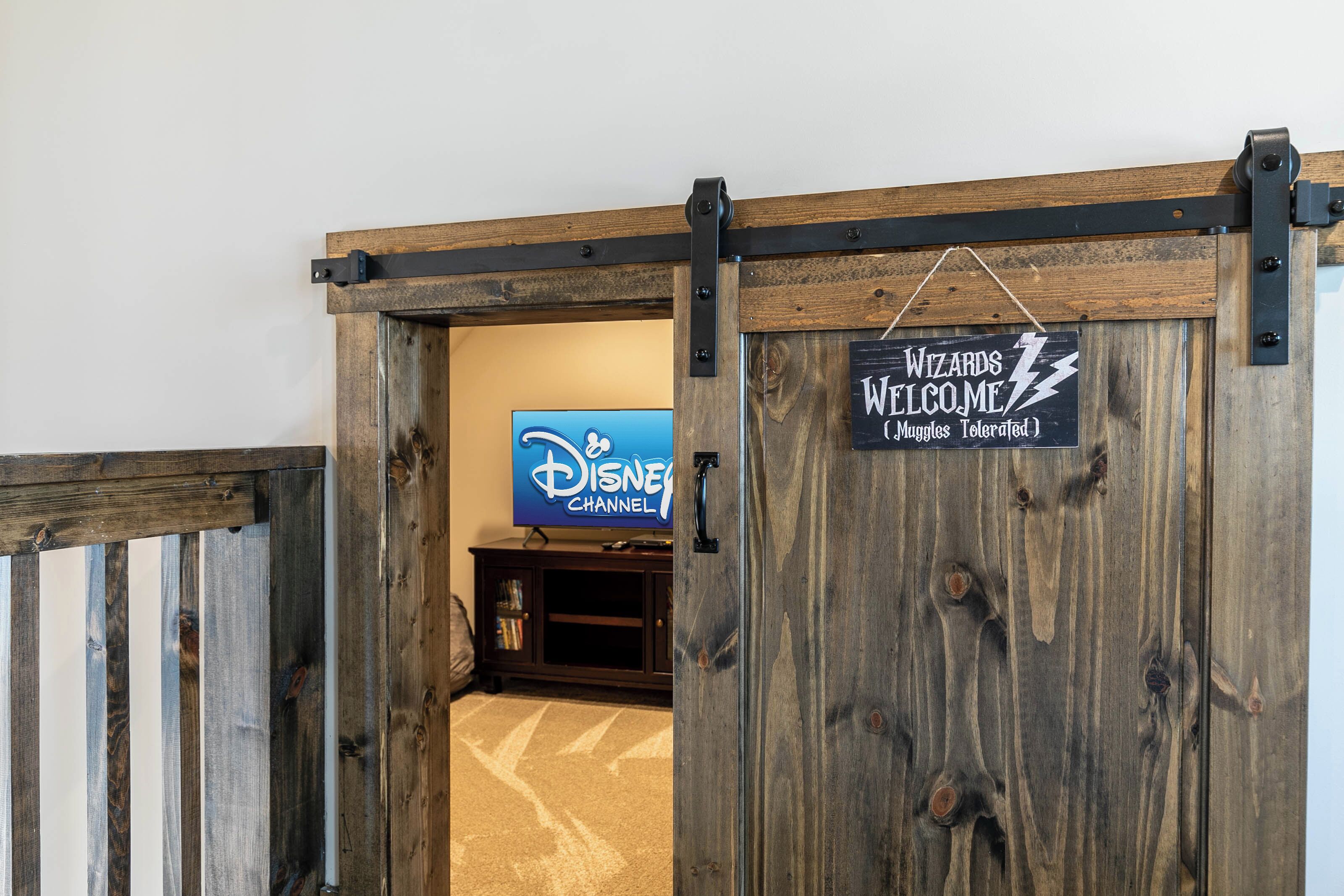 A wooden door with a sign reading "WIZARDS Welcome (Muggles Teleported)" and a television displaying the Disney Channel logo.
