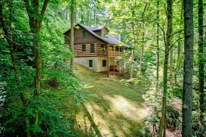 A cabin in a forest with a porch and a covered deck. - Little Creek Lodge (Vilas)