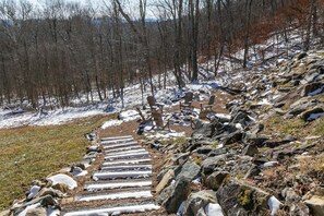 Schneebedecktes Freigelände mit einer Holztreppe, die einen felsigen Hang hinaufführt, umgeben von Bäumen.