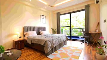 Premium bedding, down duvets, desk, laptop workspace
