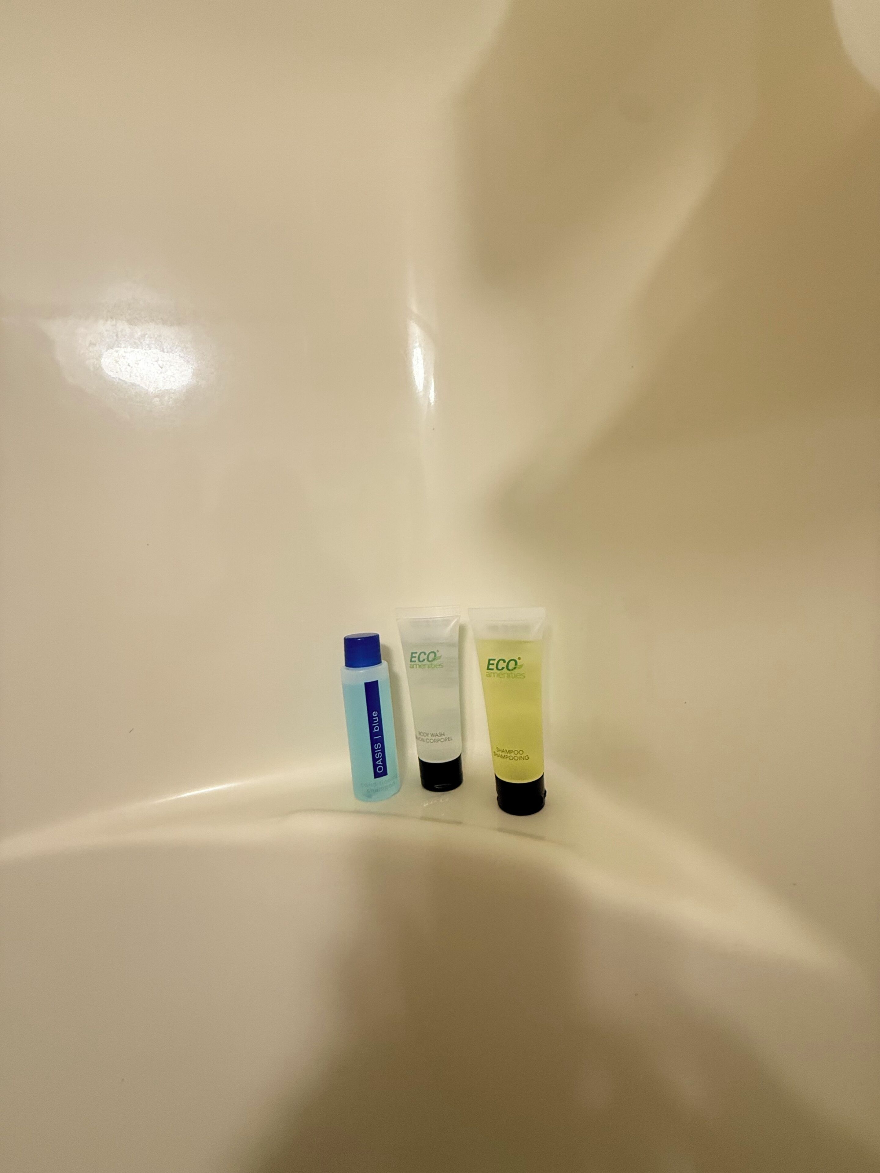 Trois articles de toilette dans une baignoire.
