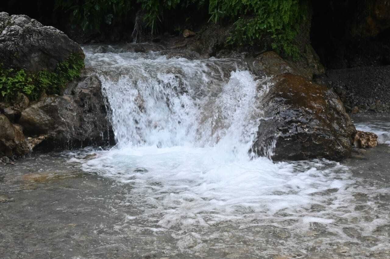 Ein Wasserfall in einer naturnahen Umgebung mit Felsen und viel Grün.