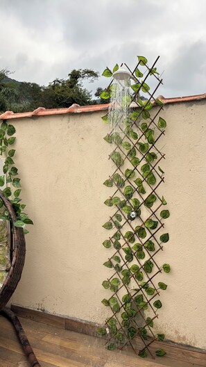 Eine vertikale Begrünung an einer Wand, mit Bewässerungssystem, Holzboden und einer Metallleiter.