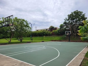 Un terrain de basket en plein air, doté de deux paniers, entouré d’arbres et bordé d’une zone herbeuse.