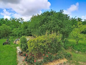 Ein Garten mit vielfältigen Pflanzen und einem kleinen Bauwerk.