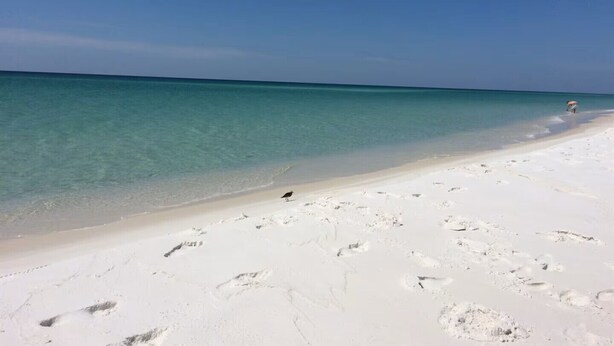 Une plage de sable blanc bordée d’une eau turquoise et cristalline.
