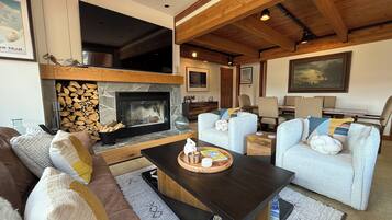 Smart TV, fireplace, books