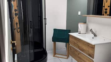 Shower, hair dryer, towels, toilet paper