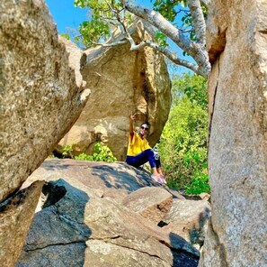 A person sitting on a large rock formation surrounded by trees.