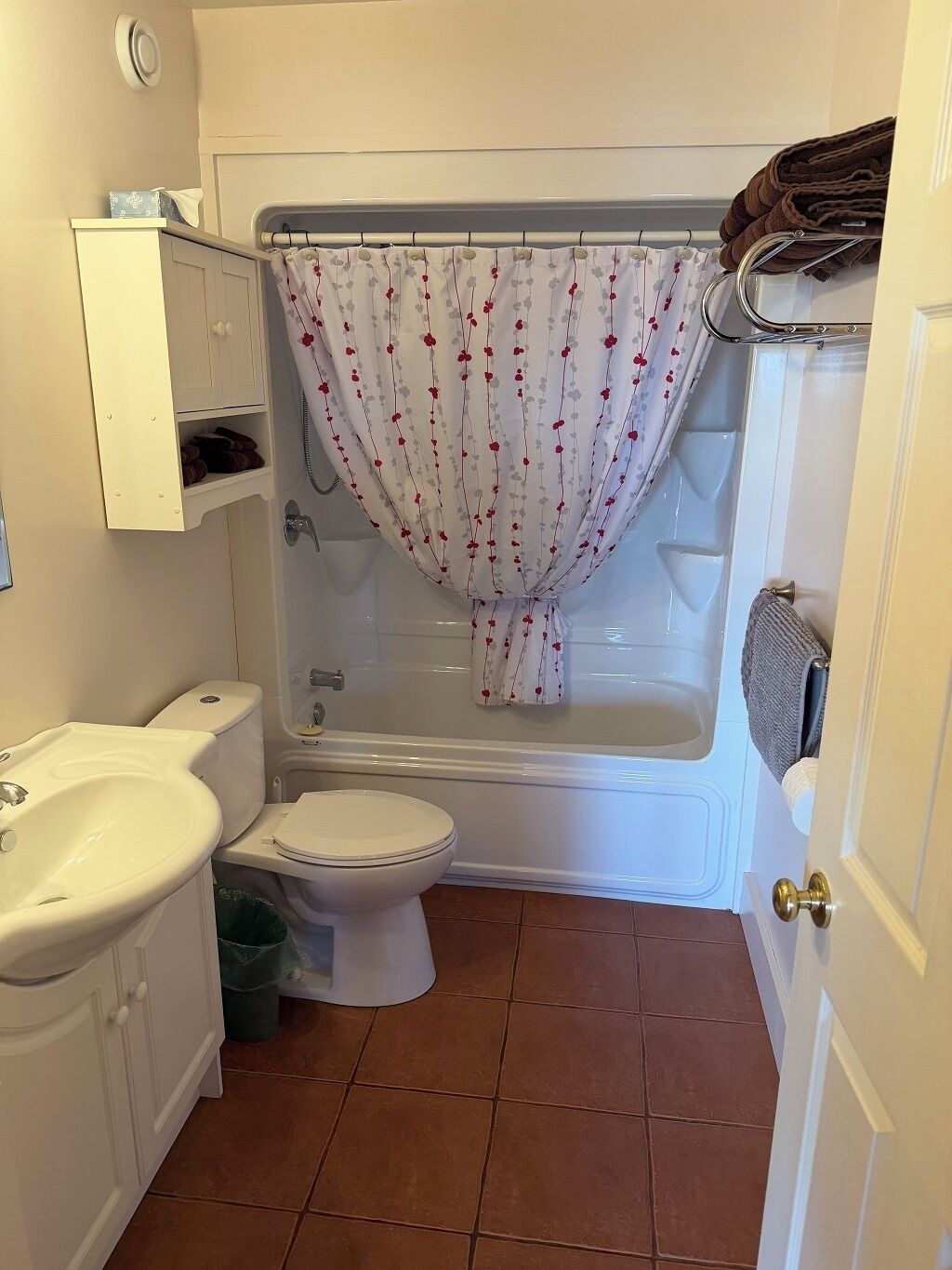 Hair dryer, towels, soap, toilet paper