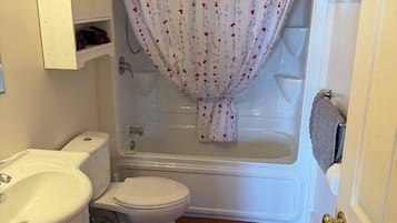 Hair dryer, towels, soap, toilet paper