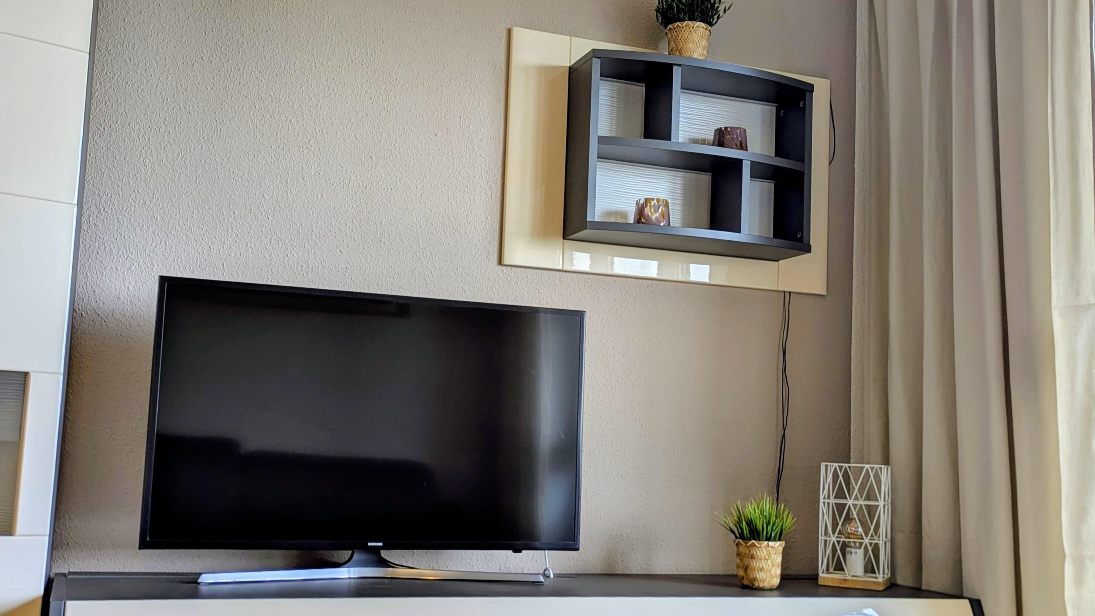 A flat-screen TV mounted on a wall, a small shelf with decorative items, and a potted plant on a console table.