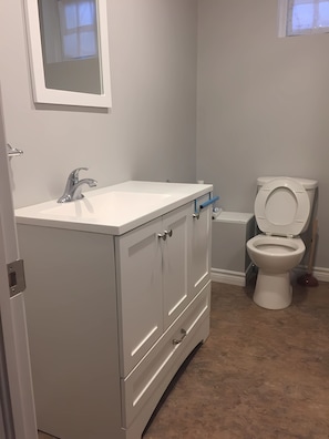 A bathroom with a white sink, a toilet, and a mirror. - Basement Queen Bedroom-E（Private Room，Shared Bathroom） (Greater Sudbury)