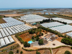 An aerial view of a large agricultural facility with multiple greenhouses, a swimming pool, and a small building.