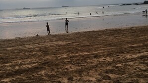 Una playa con arena, gente y barcos a lo lejos.