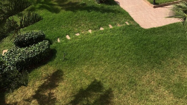Zona residencial con piscina, césped cuidado y edificios de varios pisos.