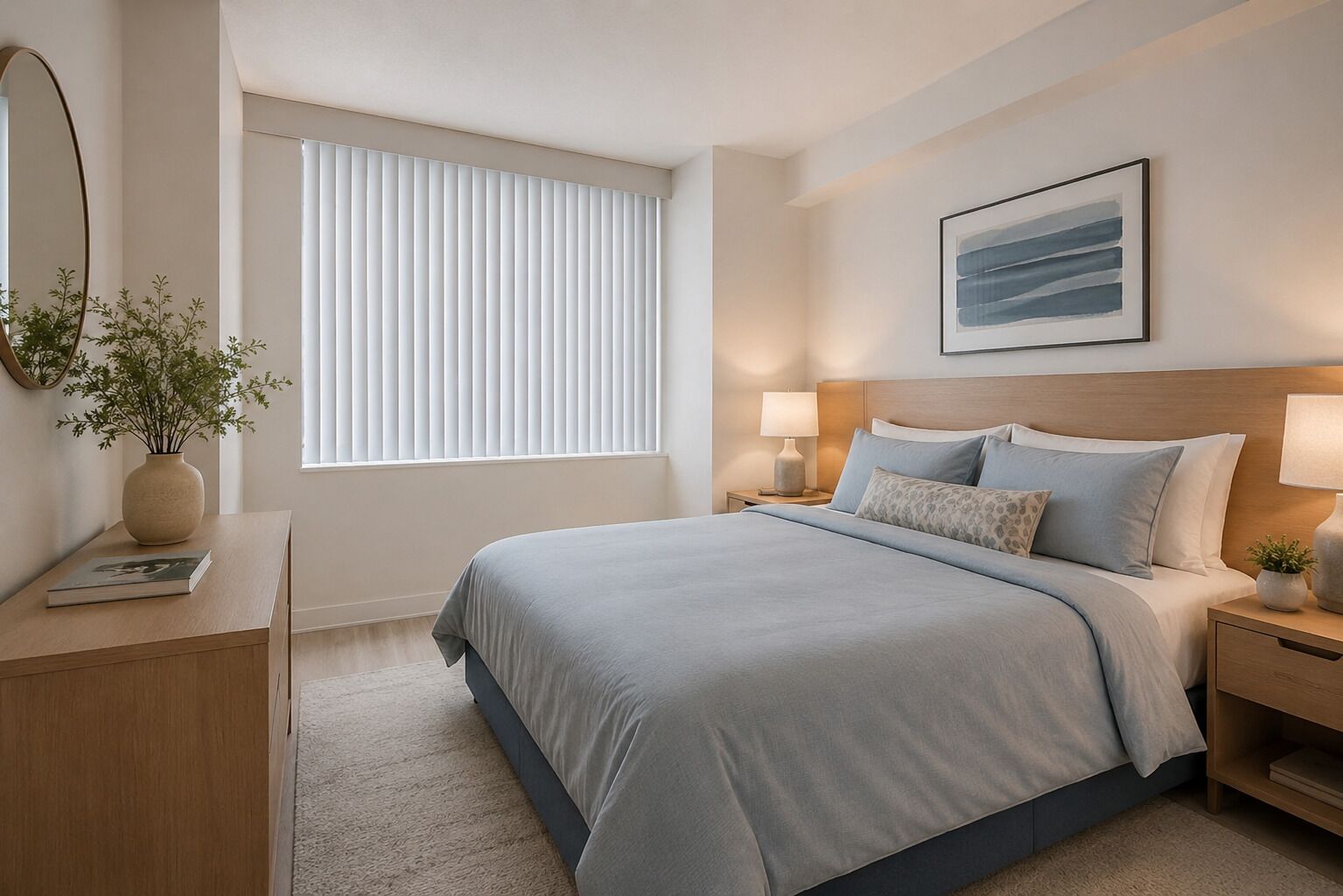 Ein Schlafzimmer mit Bett, Nachttischen, einer Lampe, einem gerahmten Bild, einem Fenster mit Jalousien, einer Pflanze in einer Vase und einem Buch auf einem Beistelltisch.