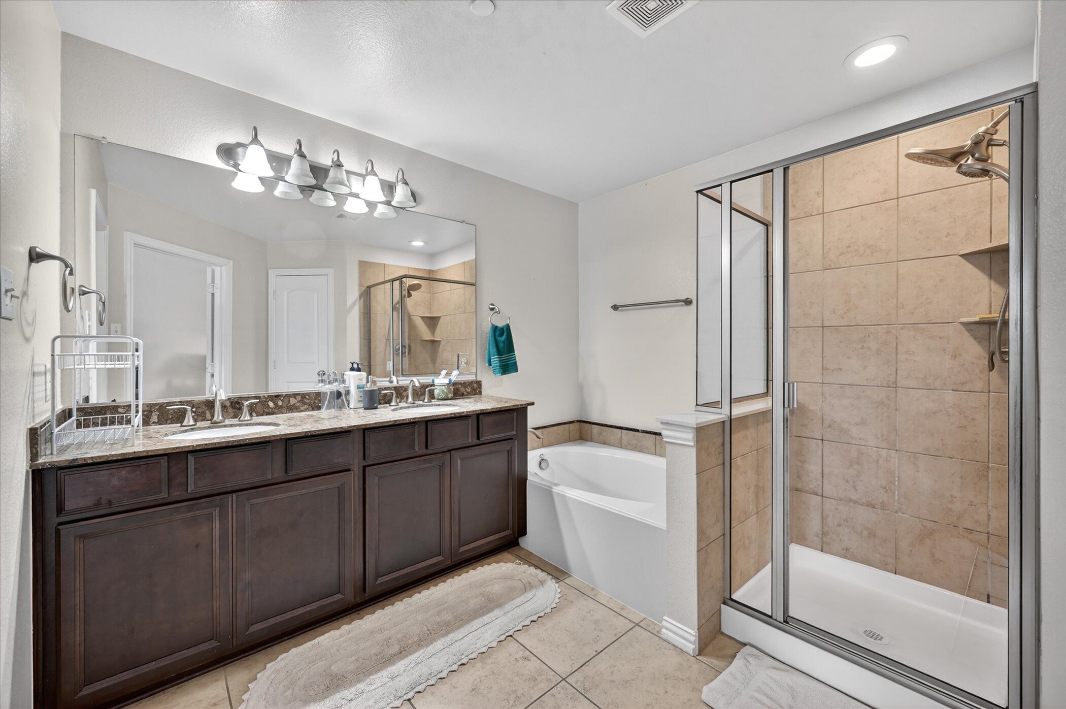 Hair dryer, towels, soap, toilet paper