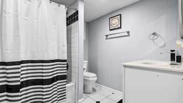 Shower, hair dryer, shampoo