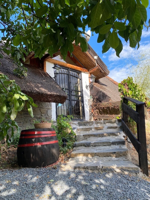 A rustic house with a thatched roof, a stone wall, and a wooden staircase leading to a black metal gate.