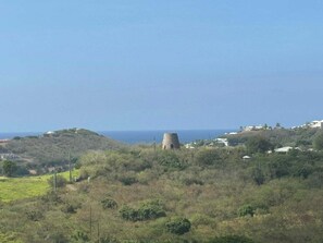 Paisatge costaner amb una torre destacada enmig de vegetació, amb vista al mar.