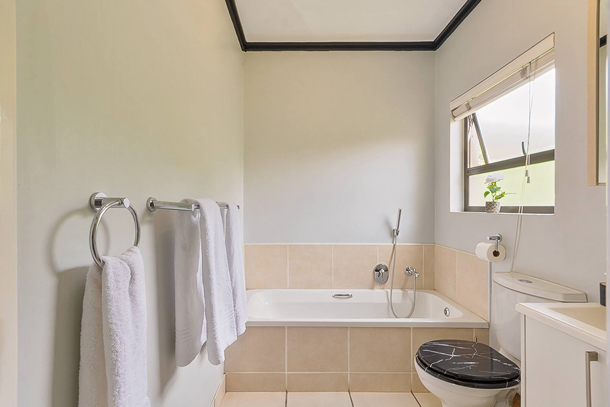 Un baño con bañera, inodoro y ventana con planta.
