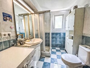 Une salle de bain équipée d’un lavabo, d’un miroir, de toilettes et d’une douche.