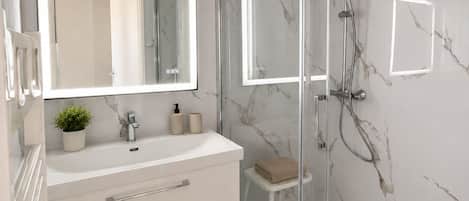 Shower, towels, toilet paper