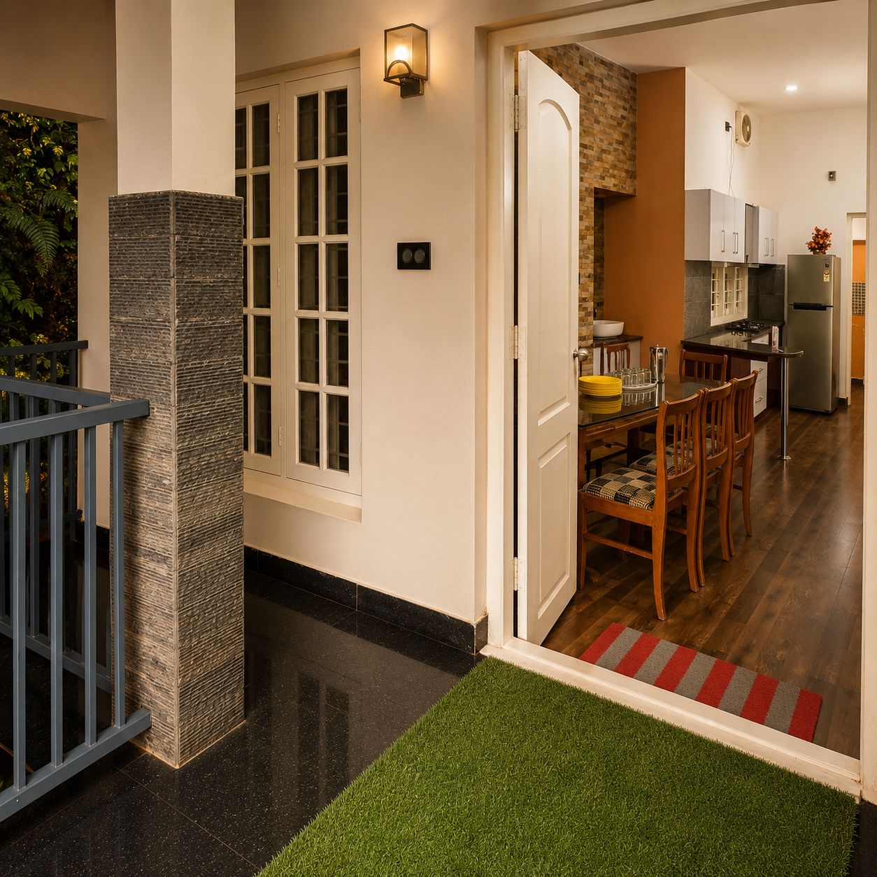 A modern kitchen with a dining area, a stone pillar, and a door leading to another room.
