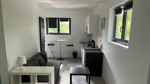 Un espacio habitable compacto con sofá, una mesita, kitchenette y ventana con vistas a zonas verdes.