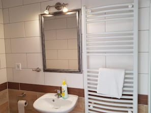 Une salle de bain Ă©quipĂ©e dâun lavabo, dâun miroir, dâun porte-serviettes et de toilettes.