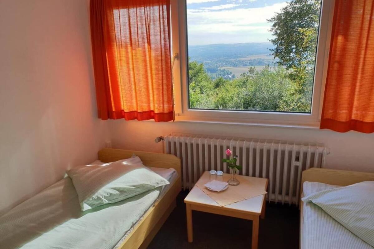 Una habitación pequeña con dos camas individuales, una mesa con un jarrón y una flor, y una ventana con cortinas.