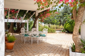 Eine überdachte Terrasse mit Tisch und Stühlen, umgeben von Kübelpflanzen und Bäumen.