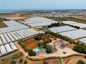 Une vue aérienne d’un vaste complexe agricole comprenant plusieurs serres, une piscine et un petit bâtiment.