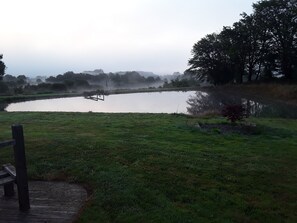A serene pond with a wooden bench and a small tree in the foreground.