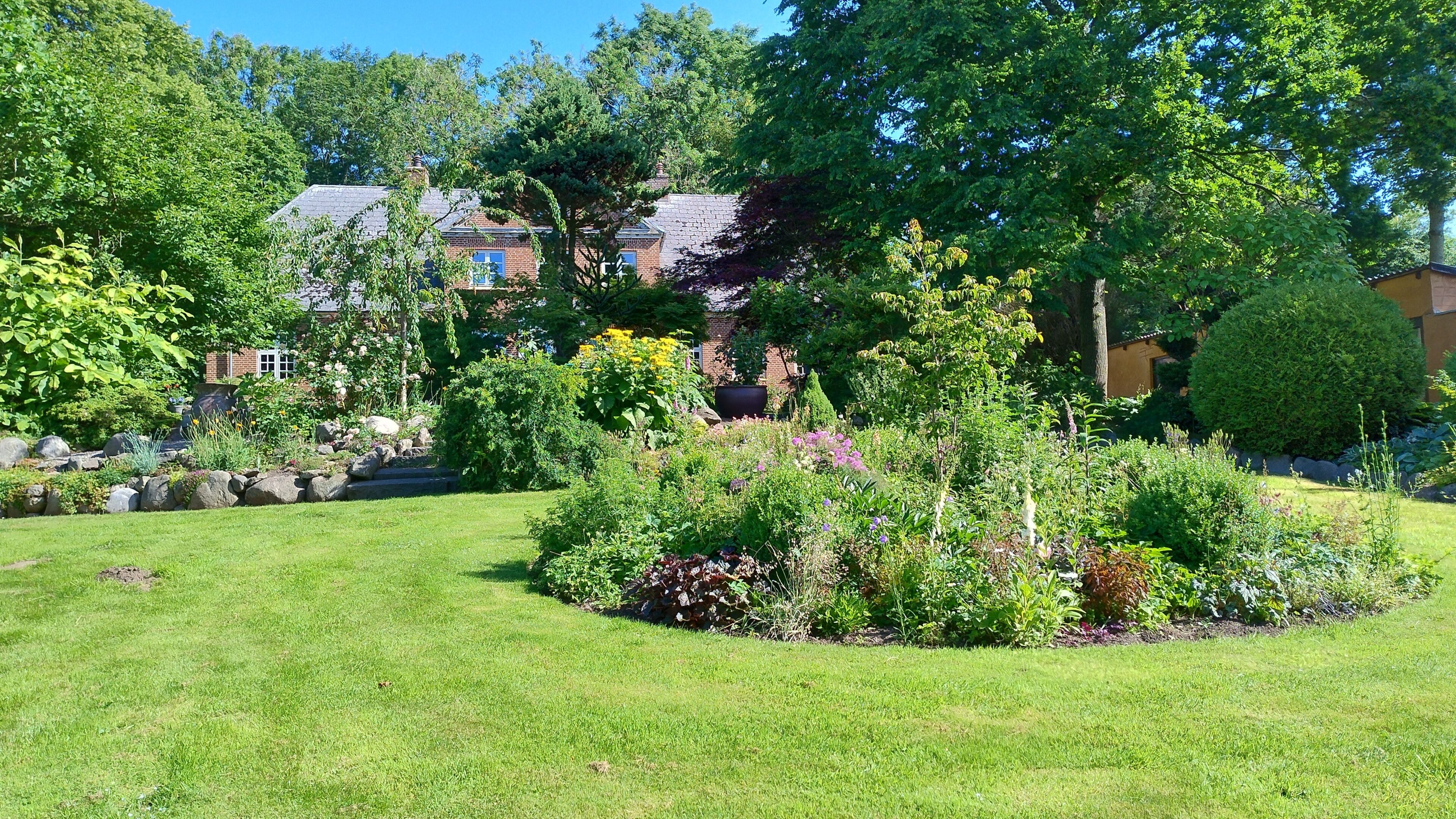 Ein gepflegter Garten mit verschiedenen Pflanzen und einer Rasenfläche.