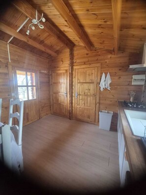 A wooden cabin interior with a kitchen area, two doors, a window, and a ladder.