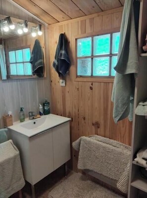 Shower, towels, soap, toilet paper