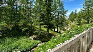 A wooden deck overlooking a forested area with a stream. - Luxury apartment, South-facing terrace, Exceptional view, Lock-up garage (Isola)