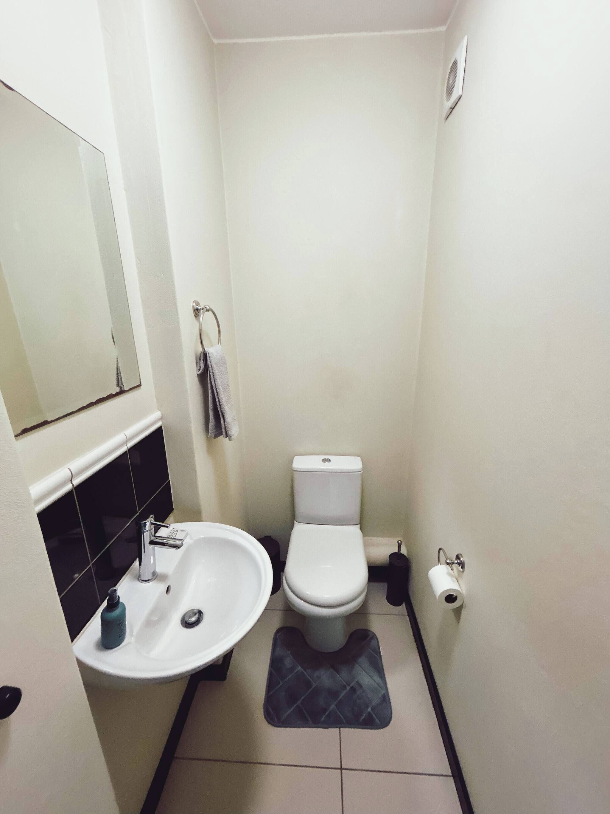 Pieni kylpyhuone, jossa on wc, pesuallas ja peili.