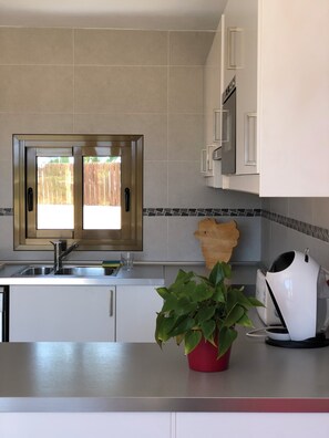 A kitchen with a stainless steel refrigerator, a sink, a potted plant, and a microwave.