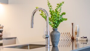 Una cucina moderna con un rubinetto in acciaio inossidabile, una pianta in vaso e una tovaglia a quadri.