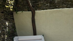Una cama individual con colchón blanco y estructura de metal verde, ubicada frente a una pared con base de piedra y un tronco de árbol.