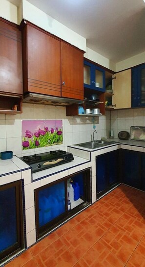 Cozinha com armários de madeira, fogão a gás, pia e painel de azulejos.