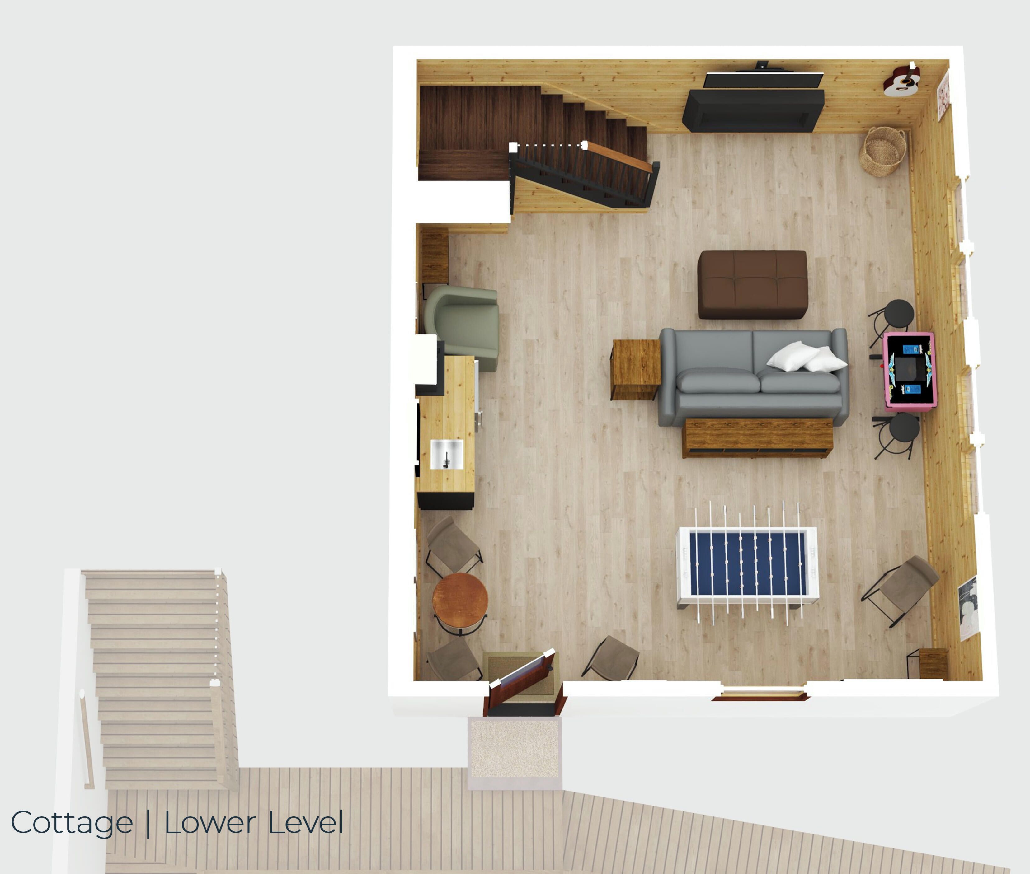 A cottage layout with a sofa, dining table, chairs, a small kitchen area, and a window.