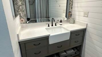 Hair dryer, towels, soap, toilet paper