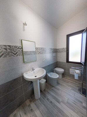 Ein modernes Badezimmer mit einem Standwaschbecken, einem Bidet und einer Toilette.