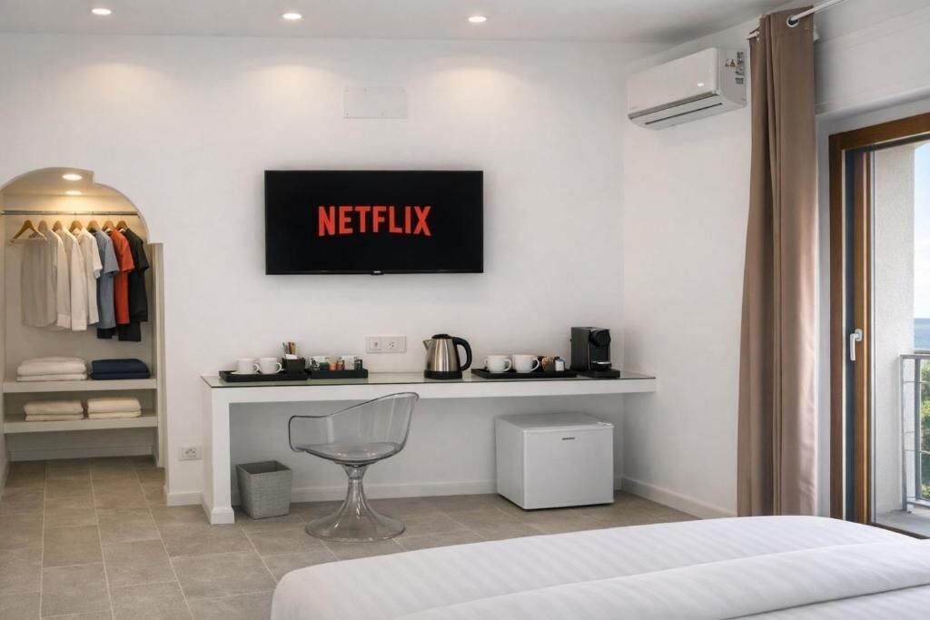 A modern hotel room with a bed, a desk with a coffee maker, a TV mounted on the wall, a closet with hanging clothes, and a small white cabinet.