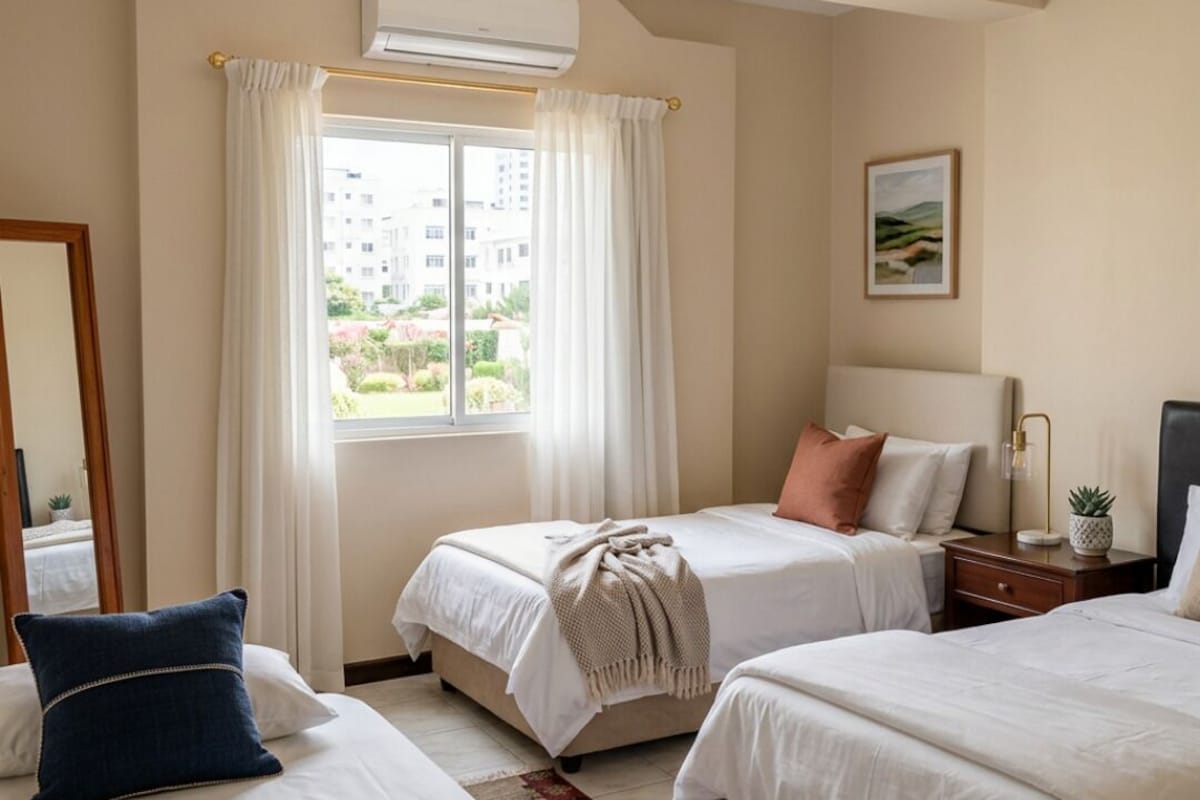 A hotel room with two beds, a window with curtains, an air conditioning unit, a bedside table with a lamp, and a framed picture on the wall.