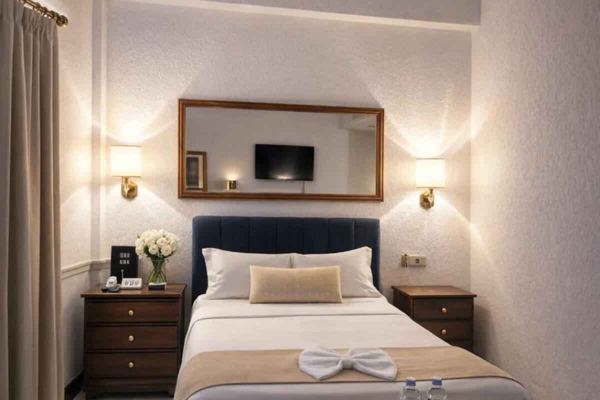 A hotel room with a large bed, bedside tables, a TV, and a tray with toiletries.